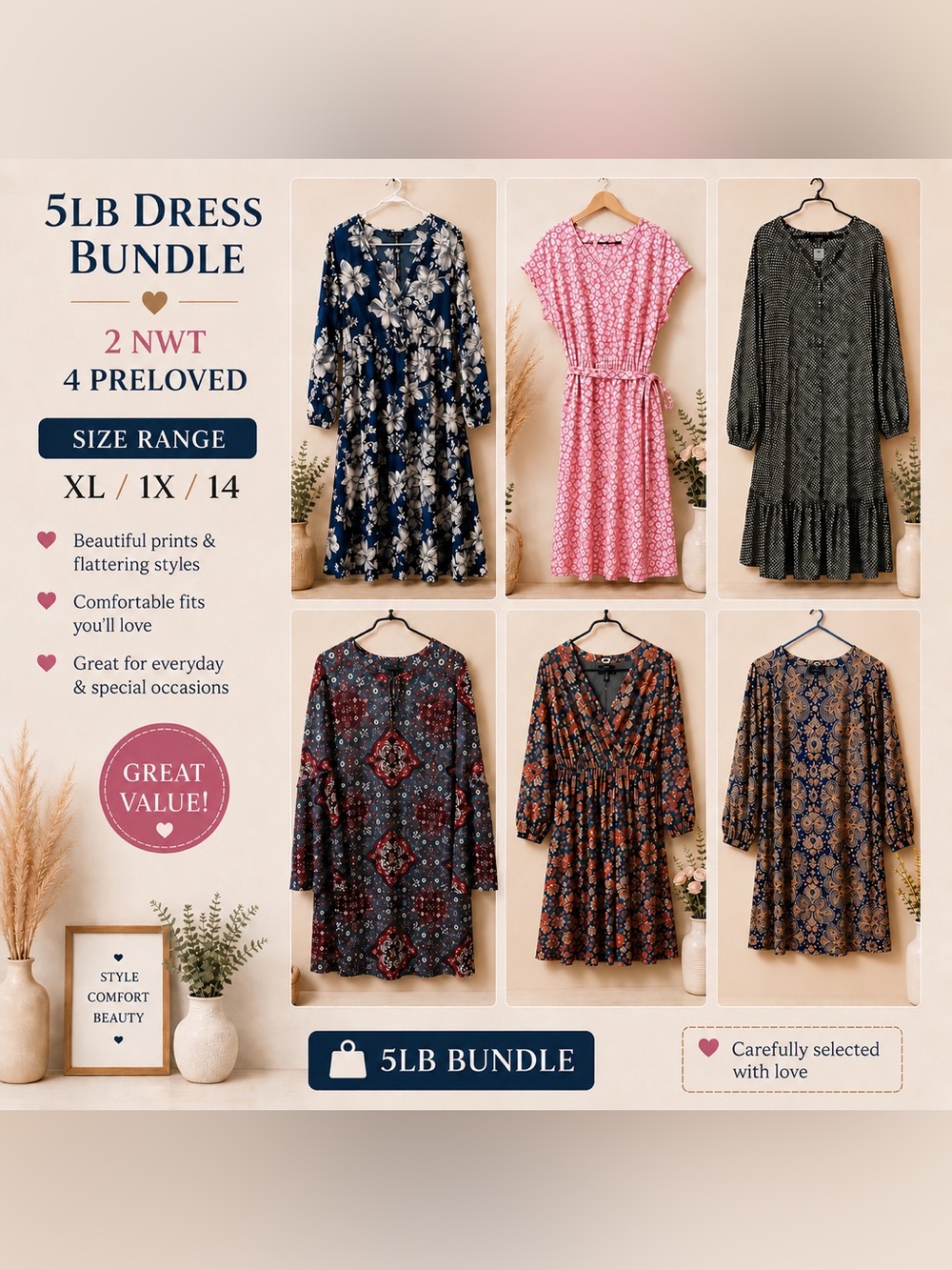 🌸 6 Dress Bundle – XL / 1X / 14 🌸 5lb Box #2